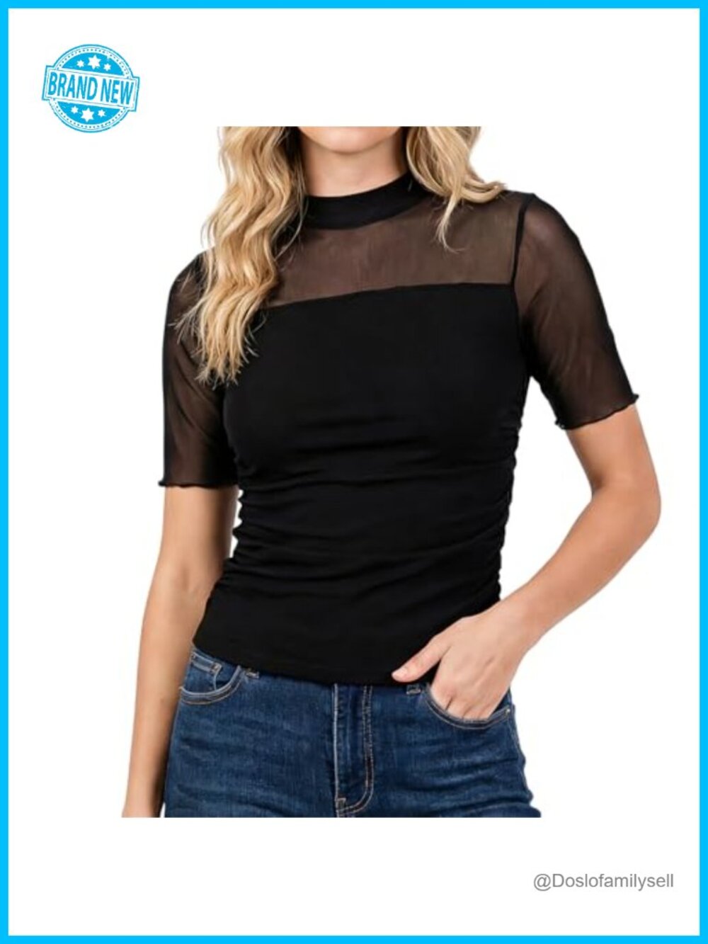 Women's Sheer Mesh Mock Turtleneck Short Sleeve Ruched Slim Blouse